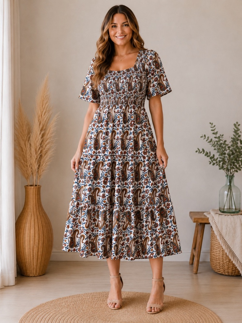 River Goddess Paisley Print Smocked Tiered Midi Dress XXL Boho